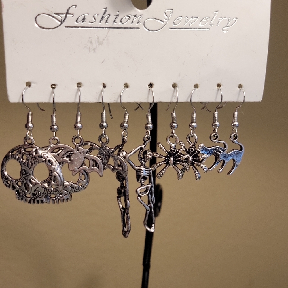 Fashion Jewelry Set of 5 Silver-Tone Halloween Pierced Dangle Earrings